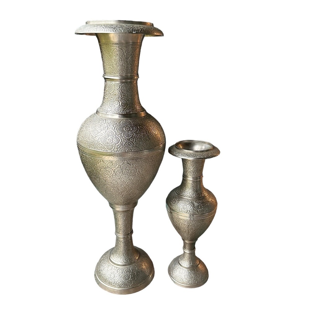 VTG Ornate Vases India Persian Middle East Nickel Brass 14-24 Inch Two Item Set